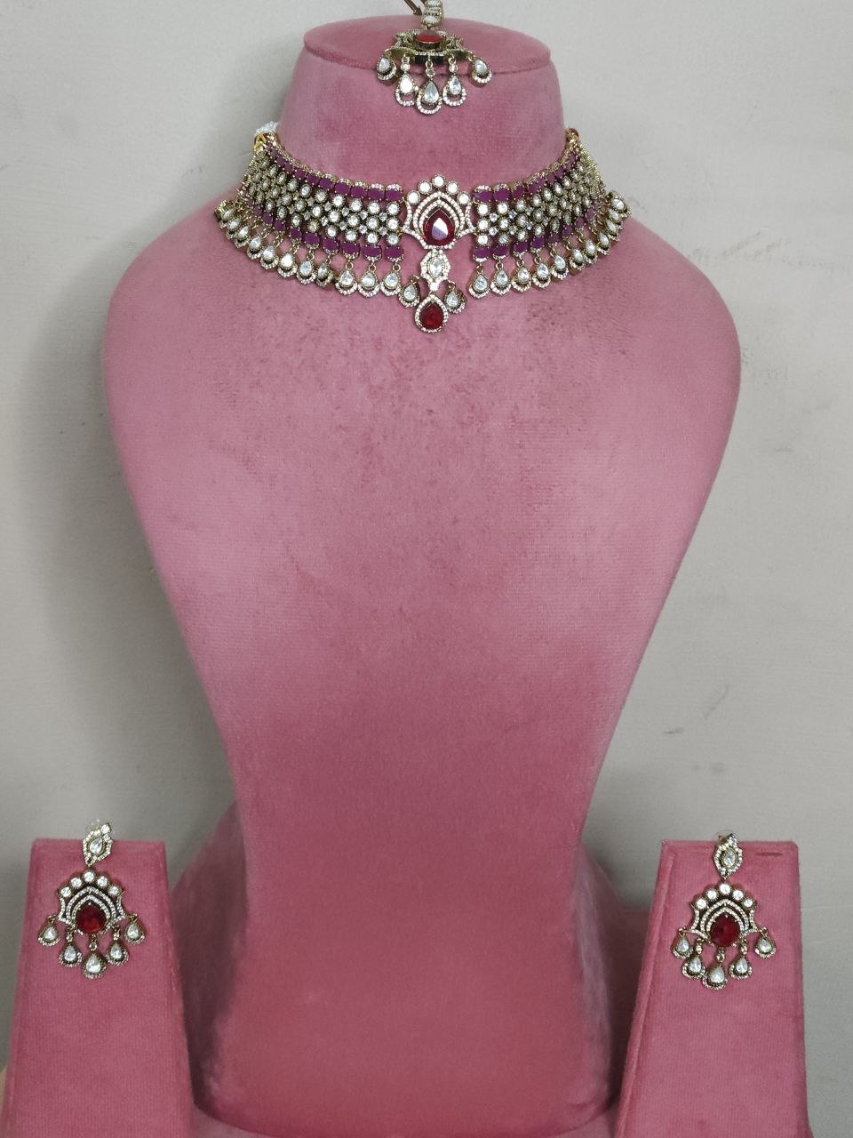 Ruby Red Bridal Victorian AD Moissanite Choker [Premium]