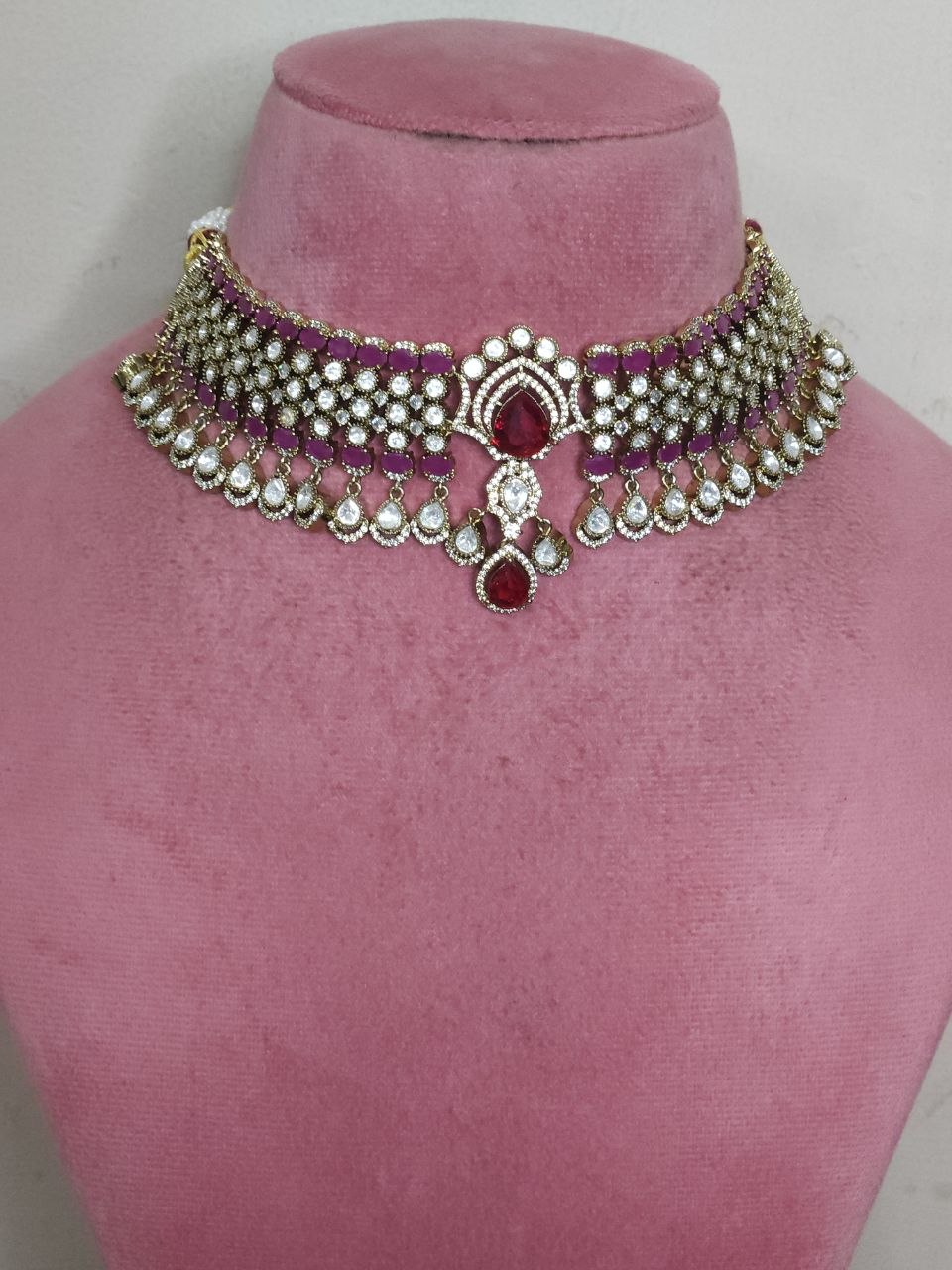 Ruby Red Bridal Victorian AD Moissanite Choker [Premium]