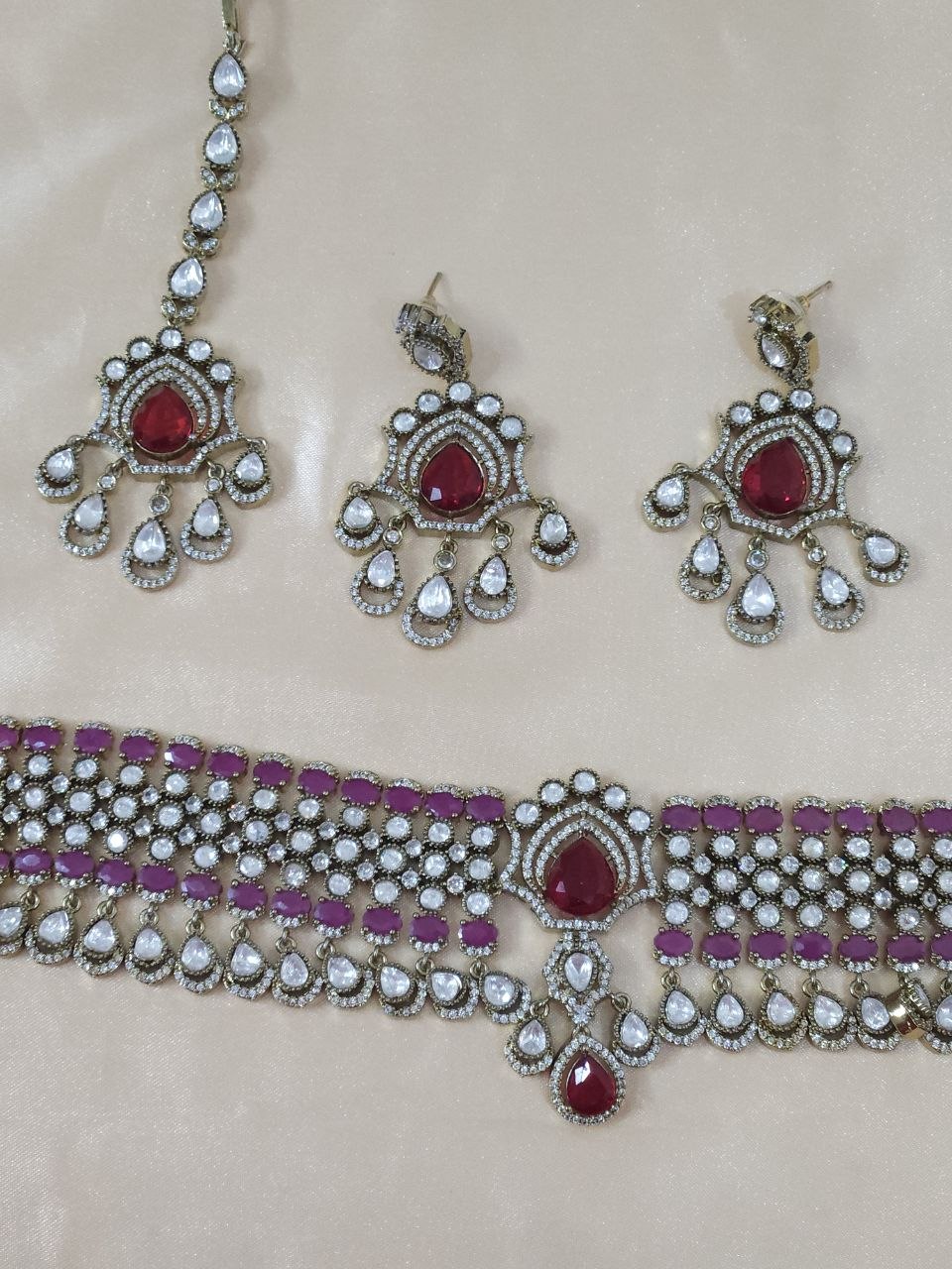 Ruby Red Bridal Victorian AD Moissanite Choker [Premium]