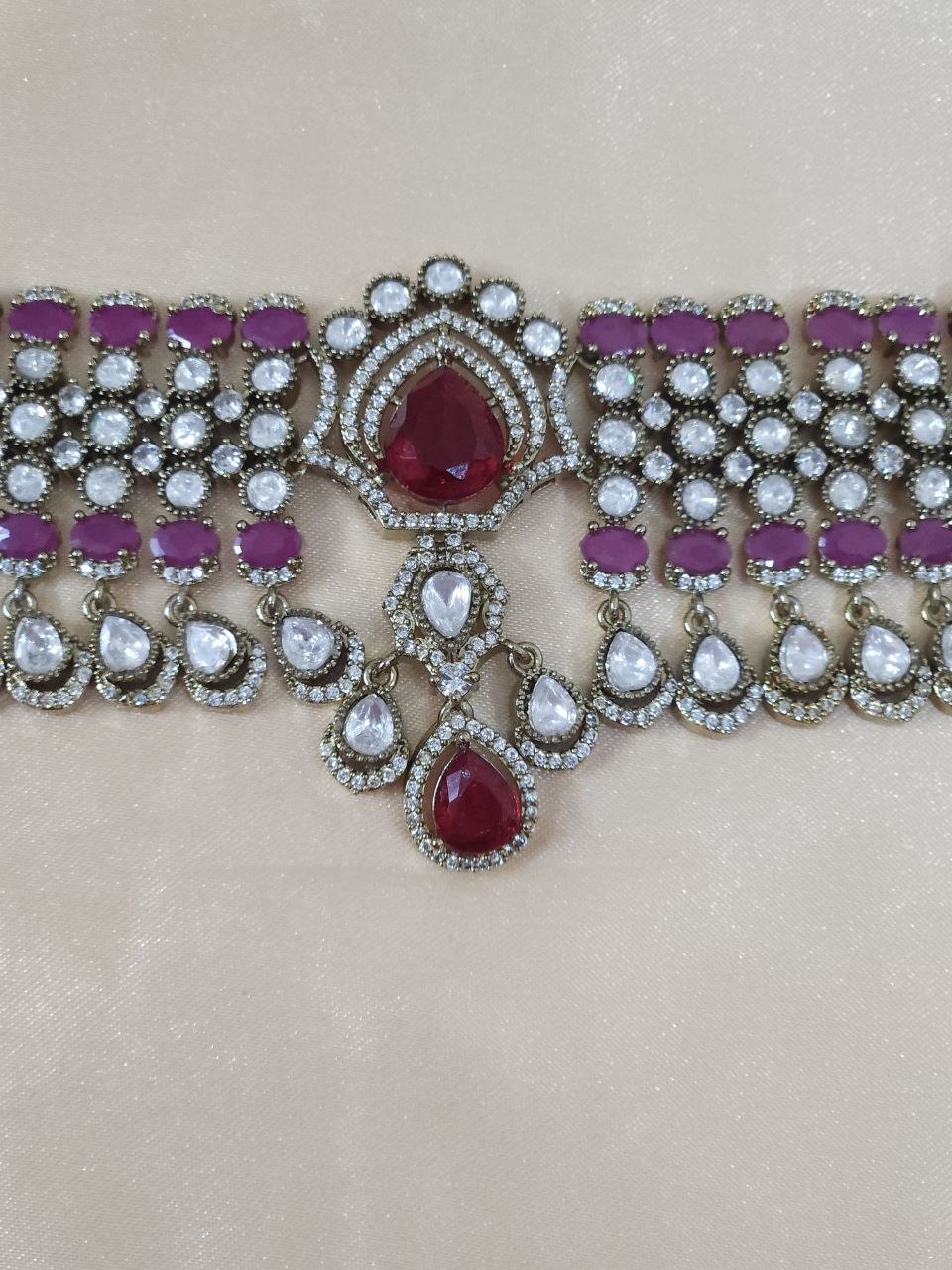 Ruby Red Bridal Victorian AD Moissanite Choker [Premium]