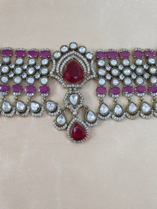 Ruby Red Bridal Victorian AD Moissanite Choker [Premium]