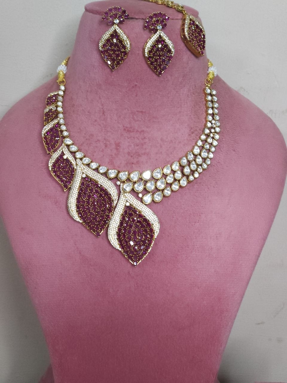 Ruby Leaf Bridal Victorian AD Moissanite Necklace [Premium]