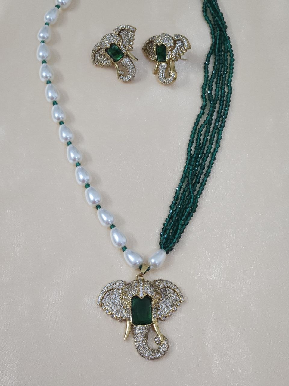Vinayak Hydro Beads Green AD Long Necklace [Premium]
