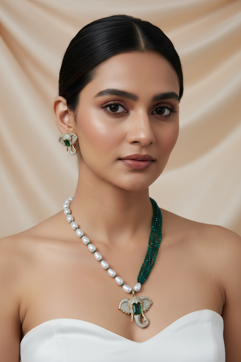 Vinayak Hydro Beads Green AD Long Necklace [Premium]