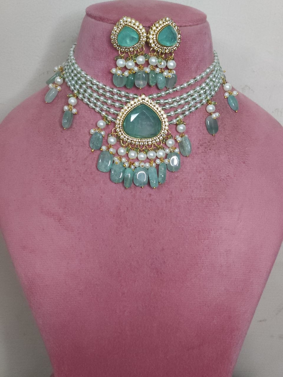 Mint Green Doublet Semi-Precious Pearls AD Choker [Premium]