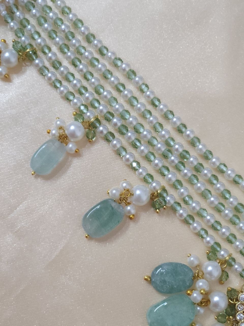 Mint Green Doublet Semi-Precious Pearls AD Choker [Premium]