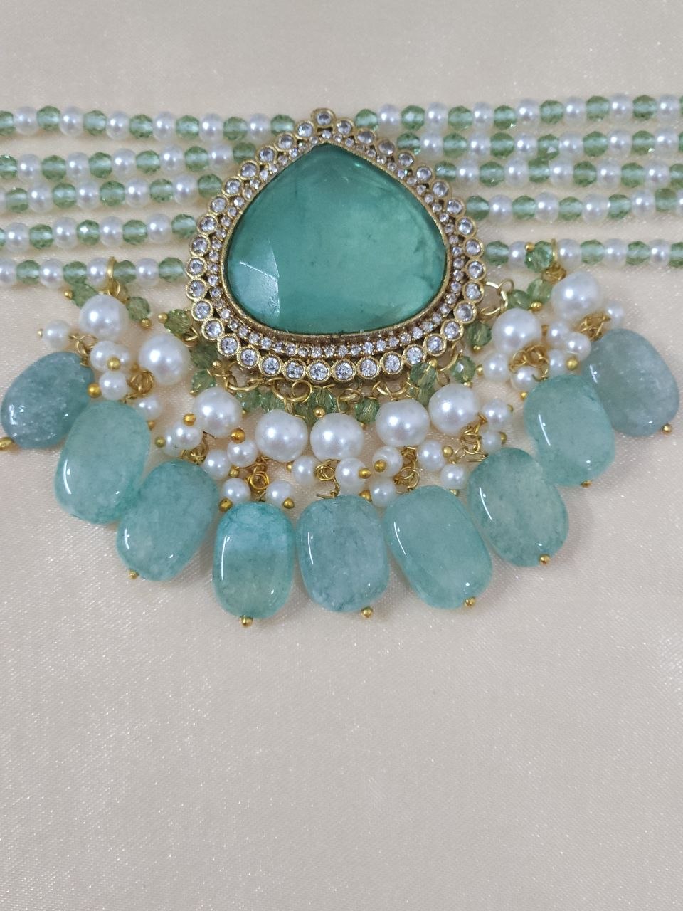Mint Green Doublet Semi-Precious Pearls AD Choker [Premium]