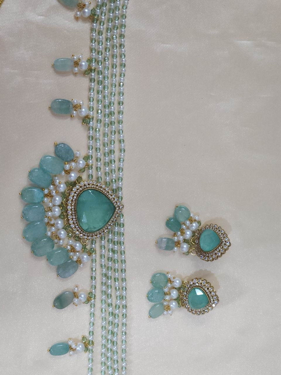 Mint Green Doublet Semi-Precious Pearls AD Choker [Premium]