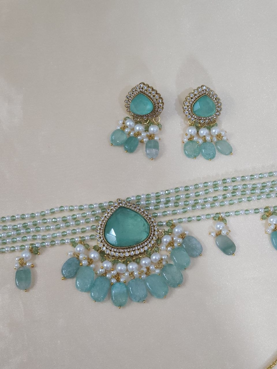 Mint Green Doublet Semi-Precious Pearls AD Choker [Premium]