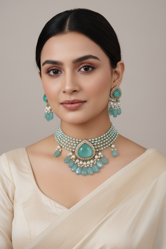 Mint Green Doublet Semi-Precious Pearls AD Choker [Premium]