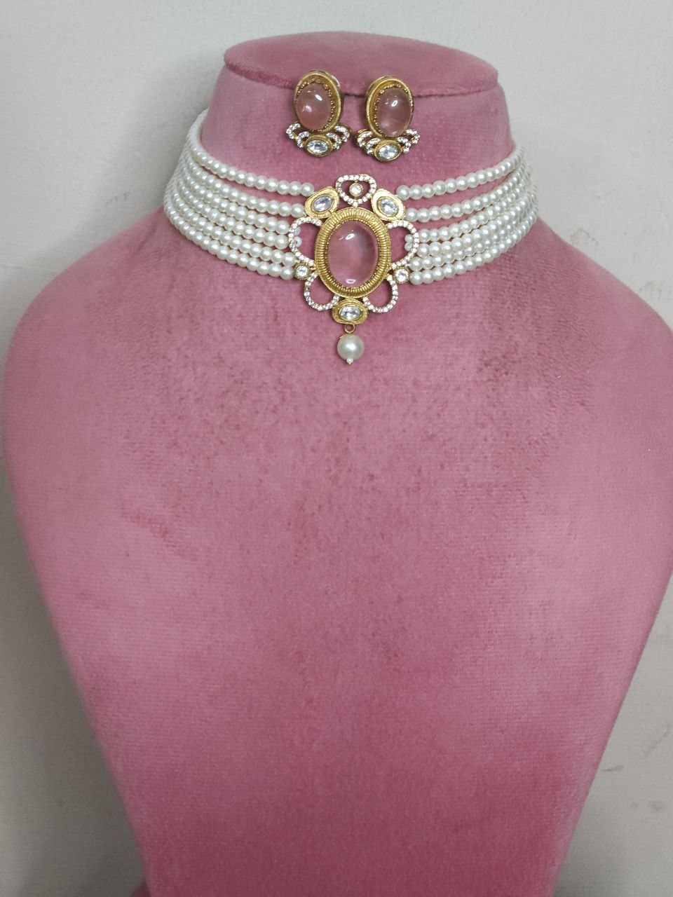 Semi-Precious Stone AD Multi Strings Pearl Choker Necklace