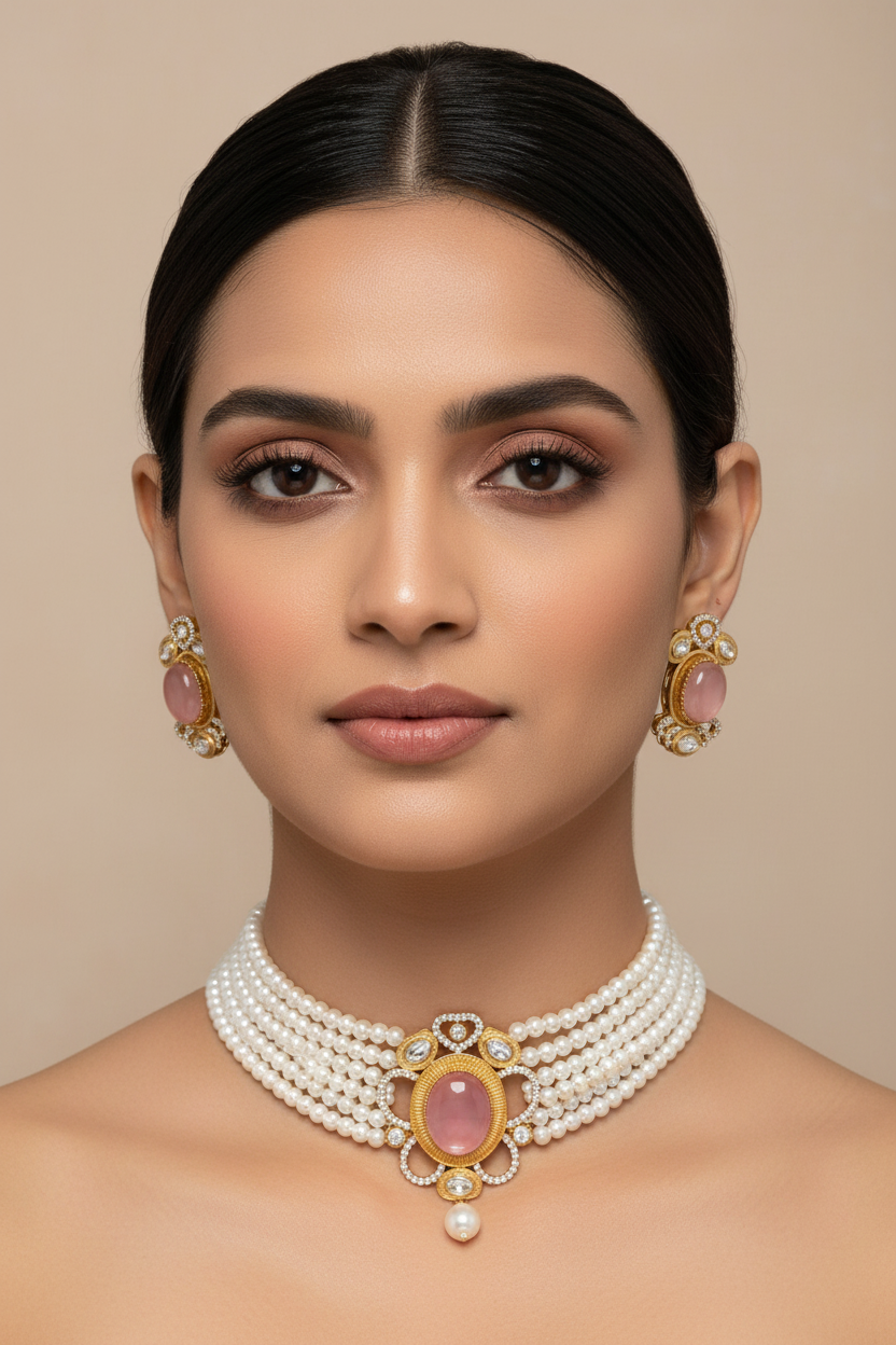 Semi-Precious Stone AD Multi Strings Pearl Choker Necklace