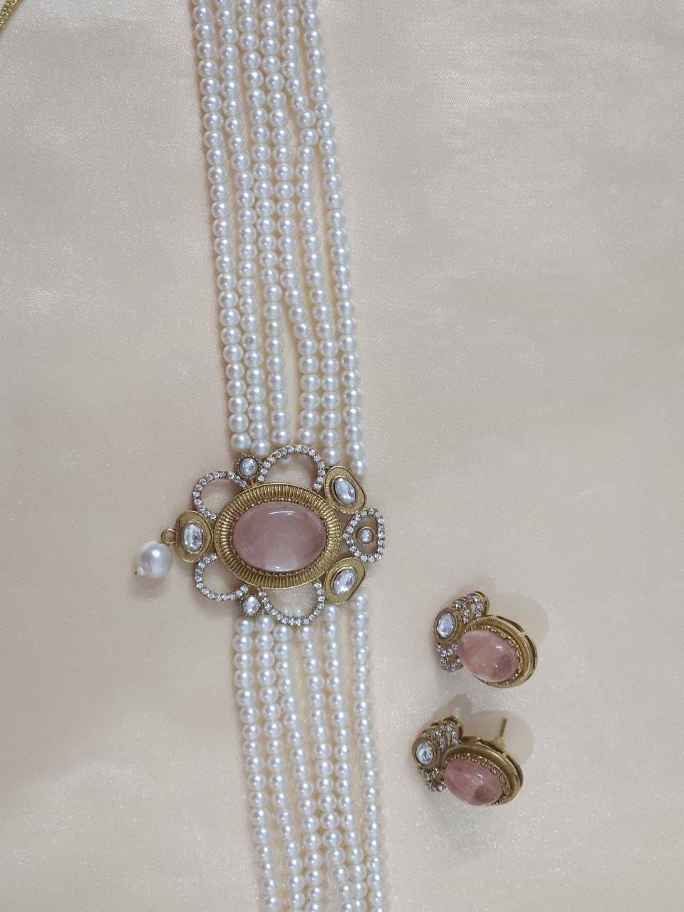 Semi-Precious Stone AD Multi Strings Pearl Choker Necklace