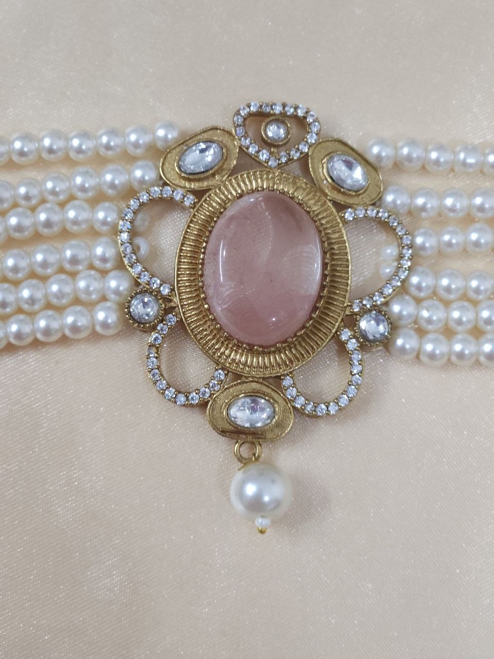 Semi-Precious Stone AD Multi Strings Pearl Choker Necklace