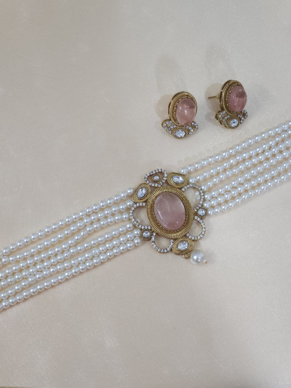 Semi-Precious Stone AD Multi Strings Pearl Choker Necklace