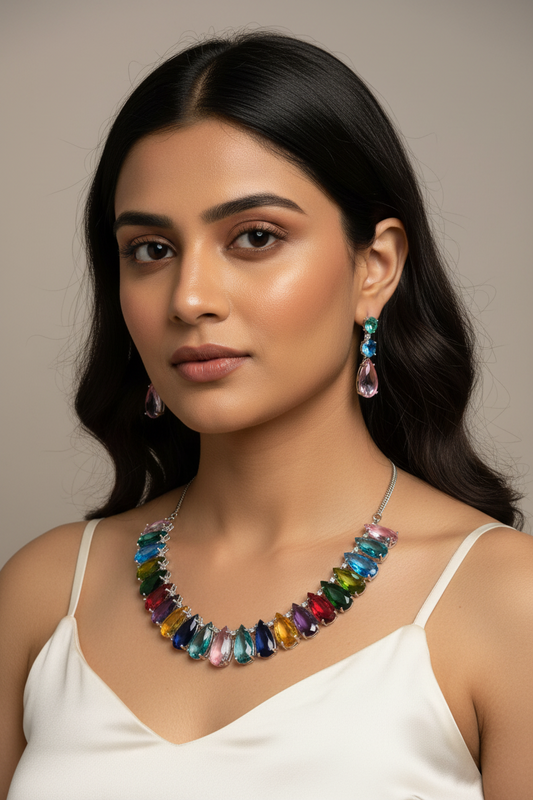Celebrity Multicolor Luxe Navratan Drops AD Necklace [Premium]