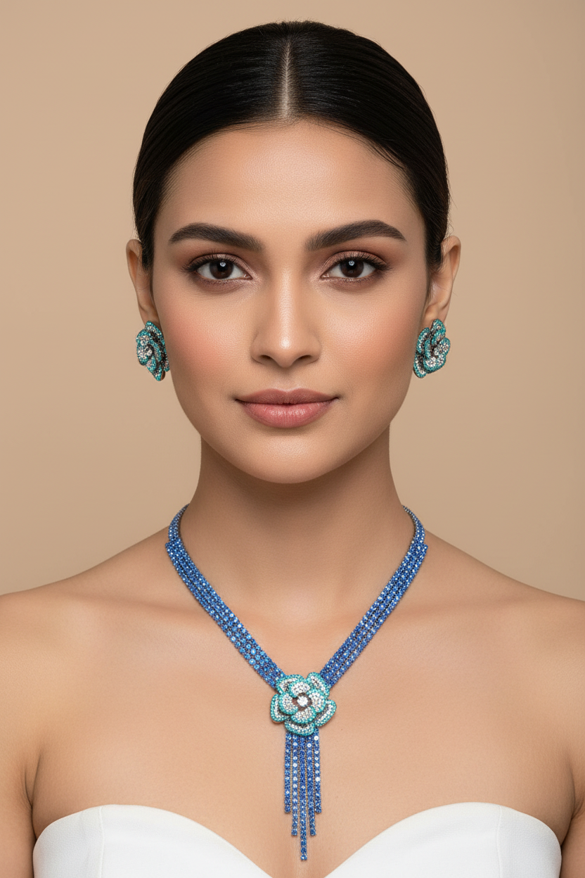 Celebrity Flower Royal Blue Luxe Y-Shape AD Necklace [Premium]