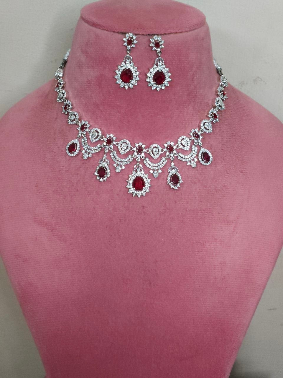 Red Silver Designer AD Necklace