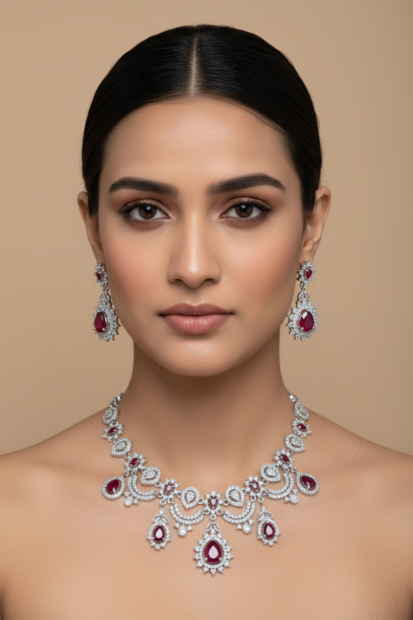 Red Silver Designer AD Necklace