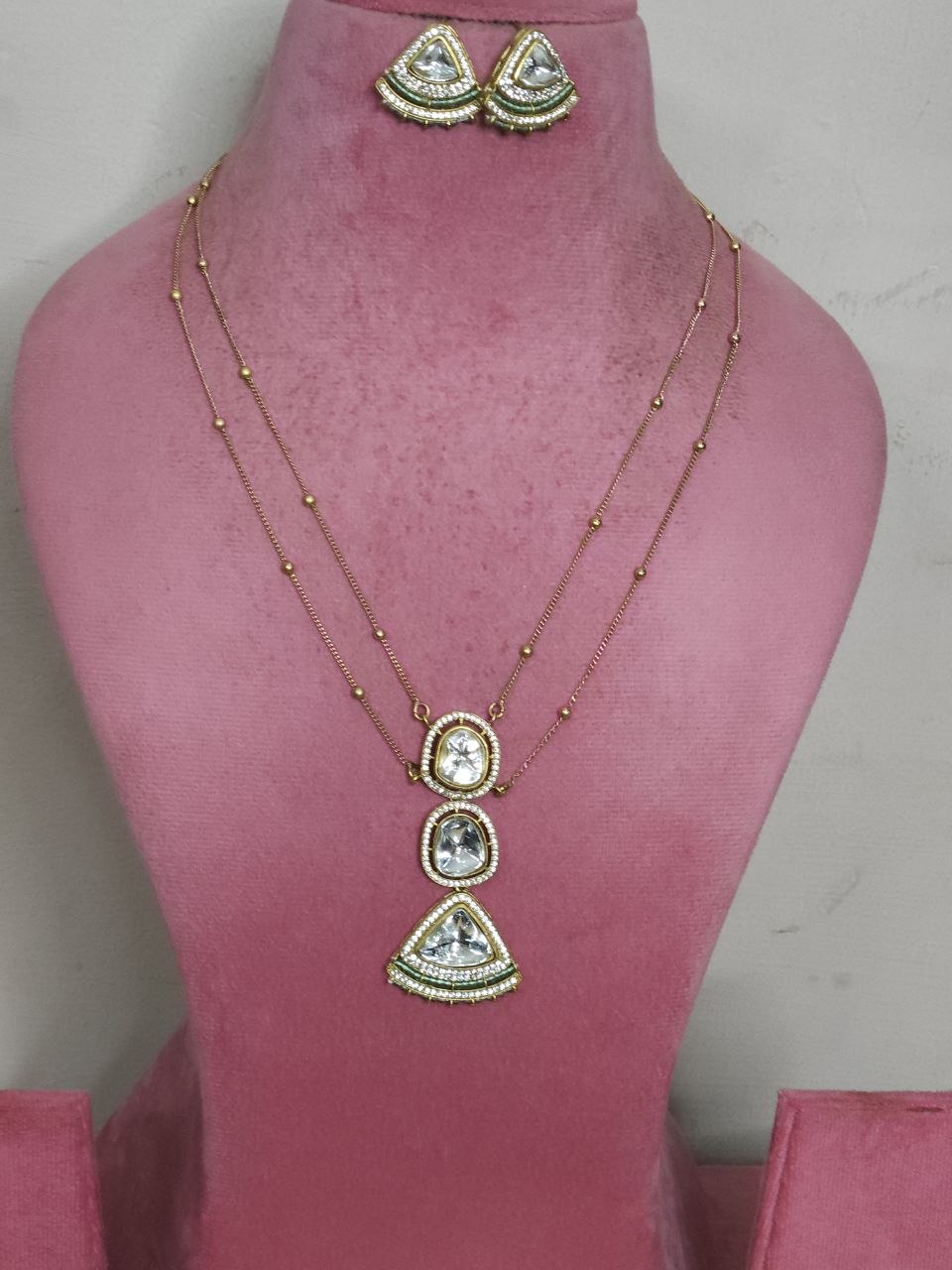 Mint 2-Layer Polki AD Long Necklace