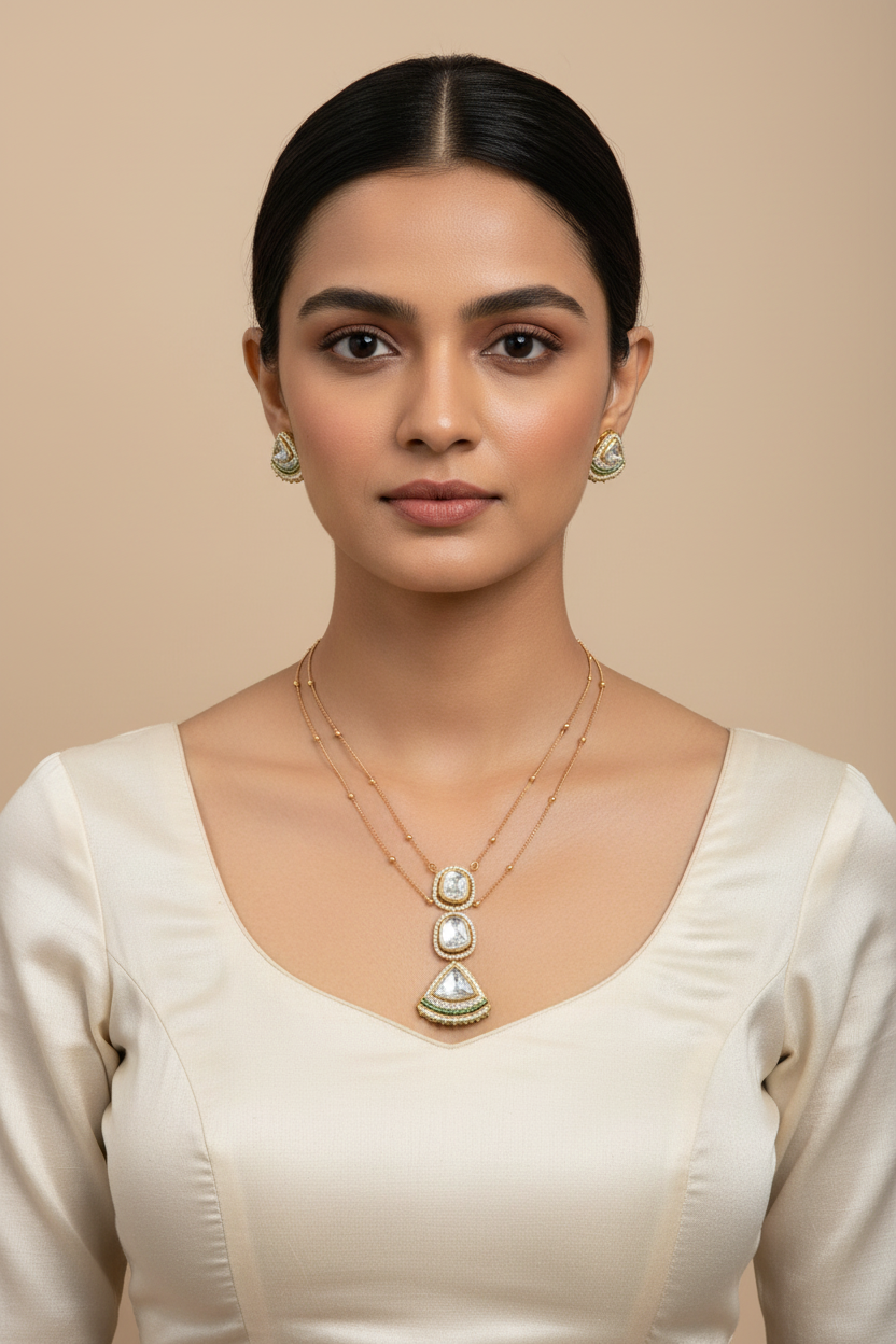 Mint 2-Layer Polki AD Long Necklace