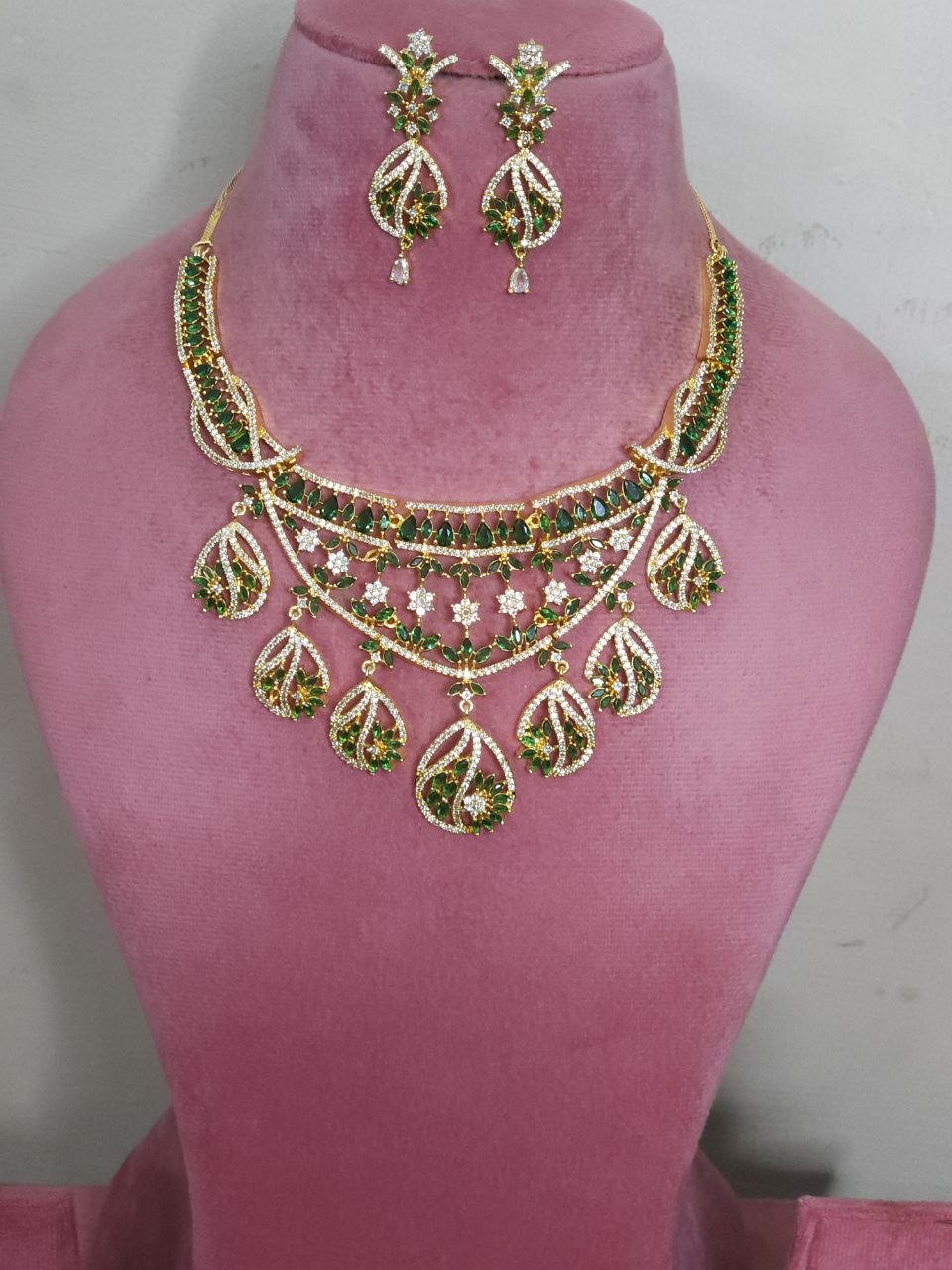 Designer Ganga-Jamuna Green Drops AD Necklace