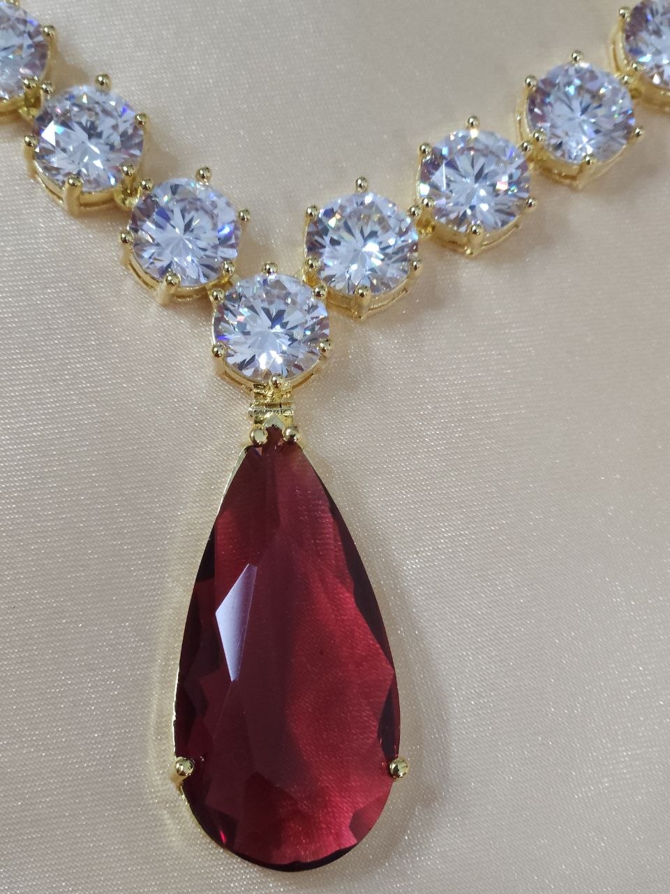 Celebrity Red Big Gold Semi-Precious Luxe AD Necklace
