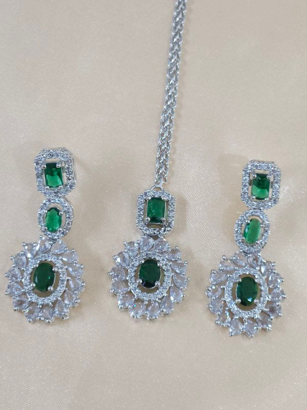 Silver Green AD Necklace