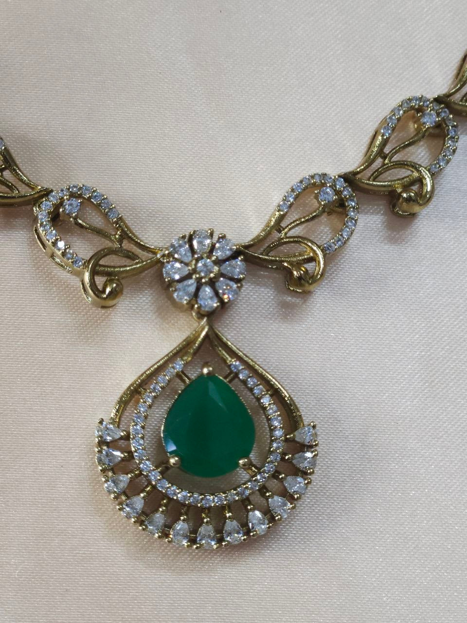 Designer Emerald Green+ Ruby Pink AD Necklace