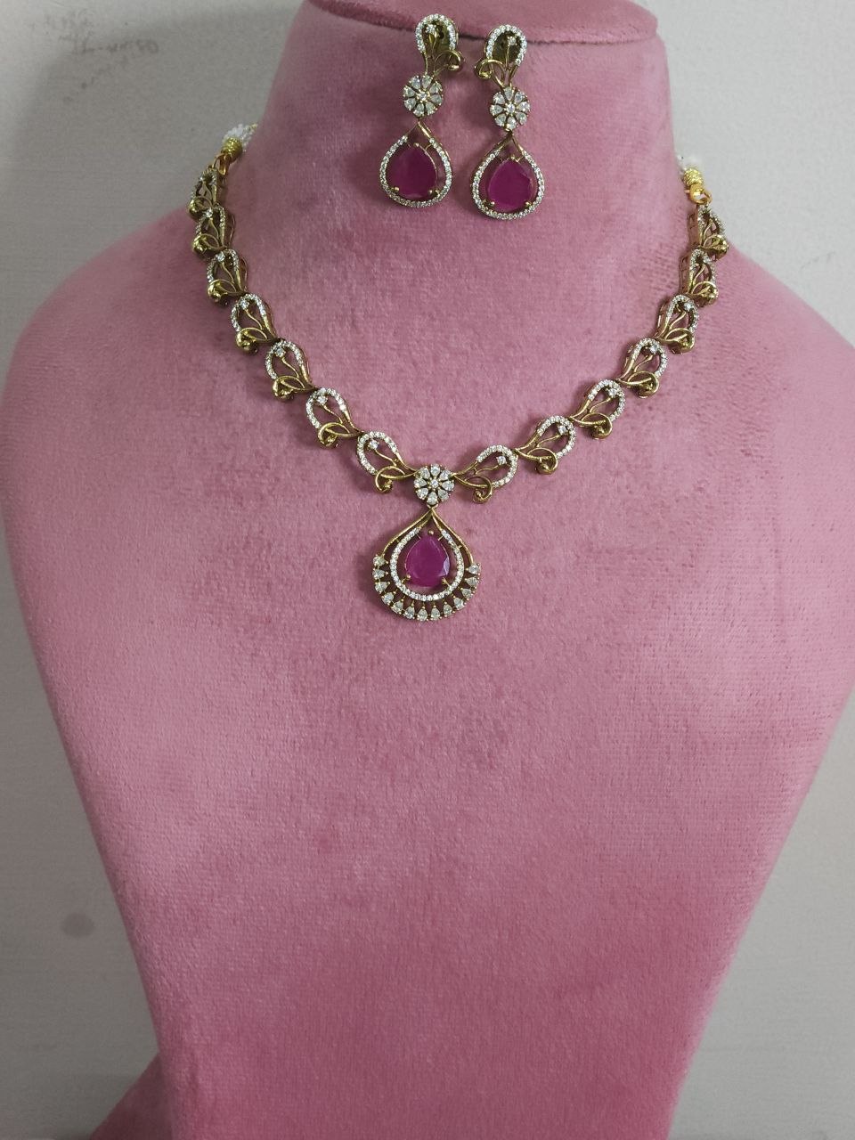 Designer Emerald Green+ Ruby Pink AD Necklace