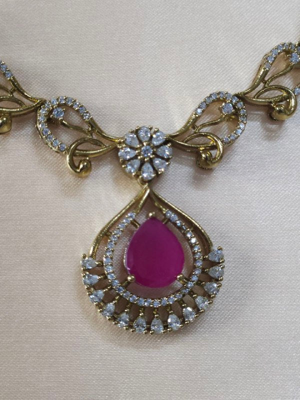 Designer Emerald Green+ Ruby Pink AD Necklace