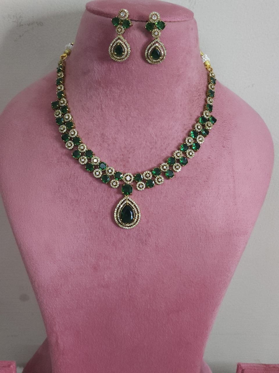 Double-Line Big Green Stone AD Temple Necklace