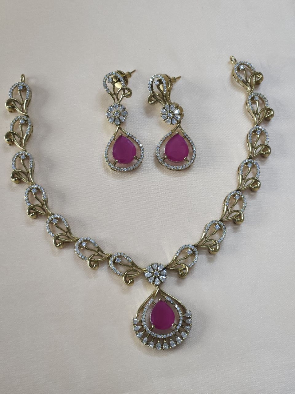 Designer Emerald Green+ Ruby Pink AD Necklace