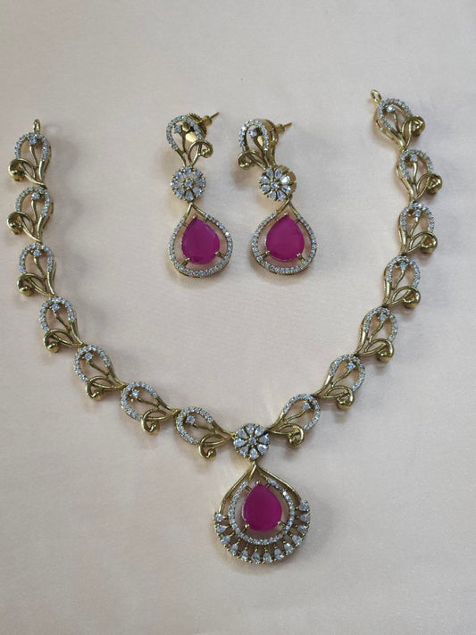 Designer Emerald Green+ Ruby Pink AD Necklace