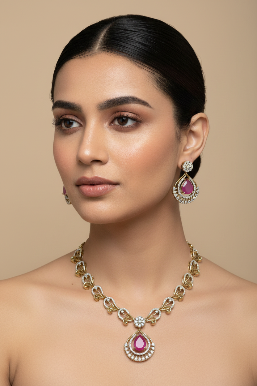 Designer Emerald Green+ Ruby Pink AD Necklace