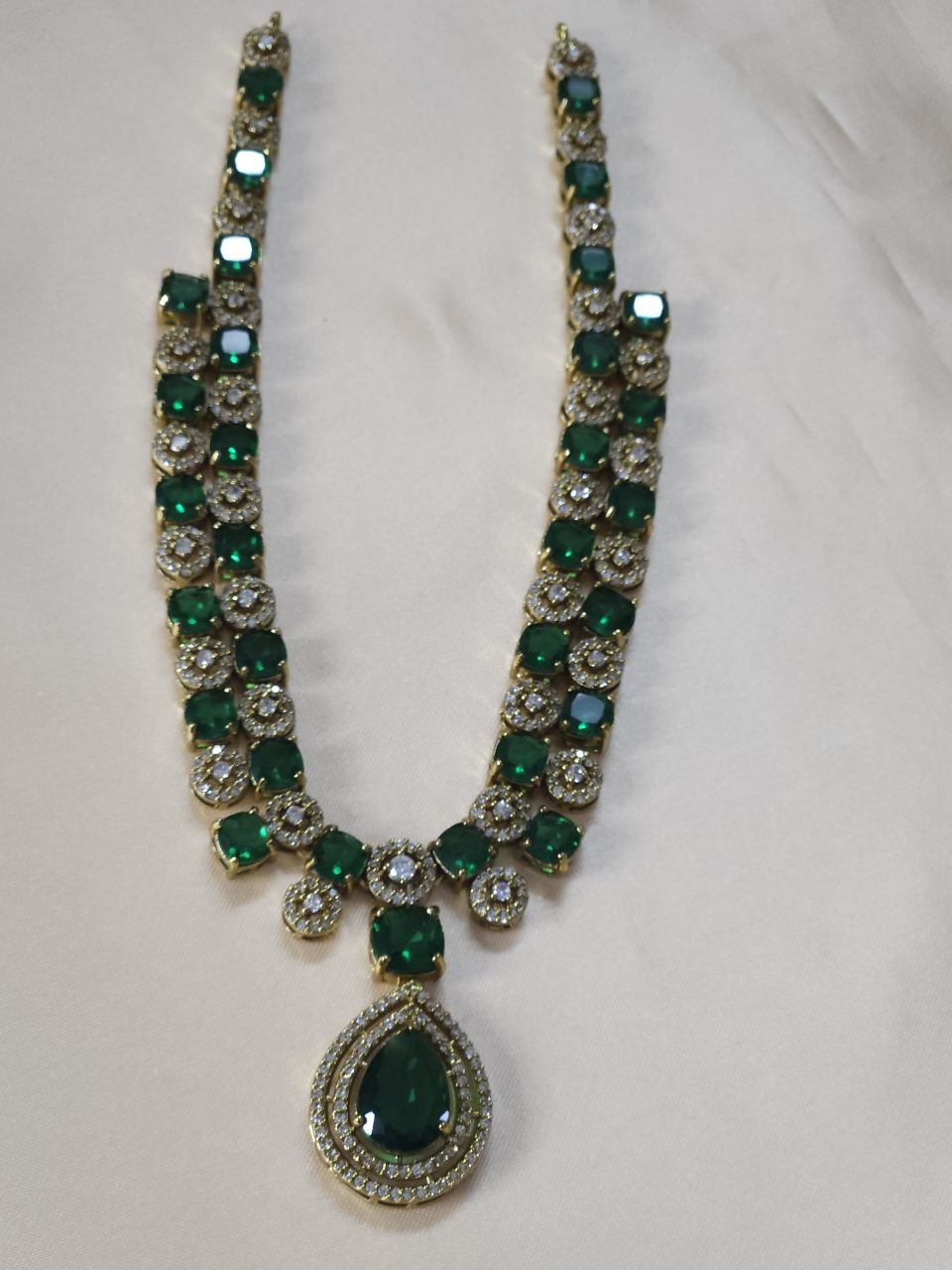 Double-Line Big Green Stone AD Temple Necklace