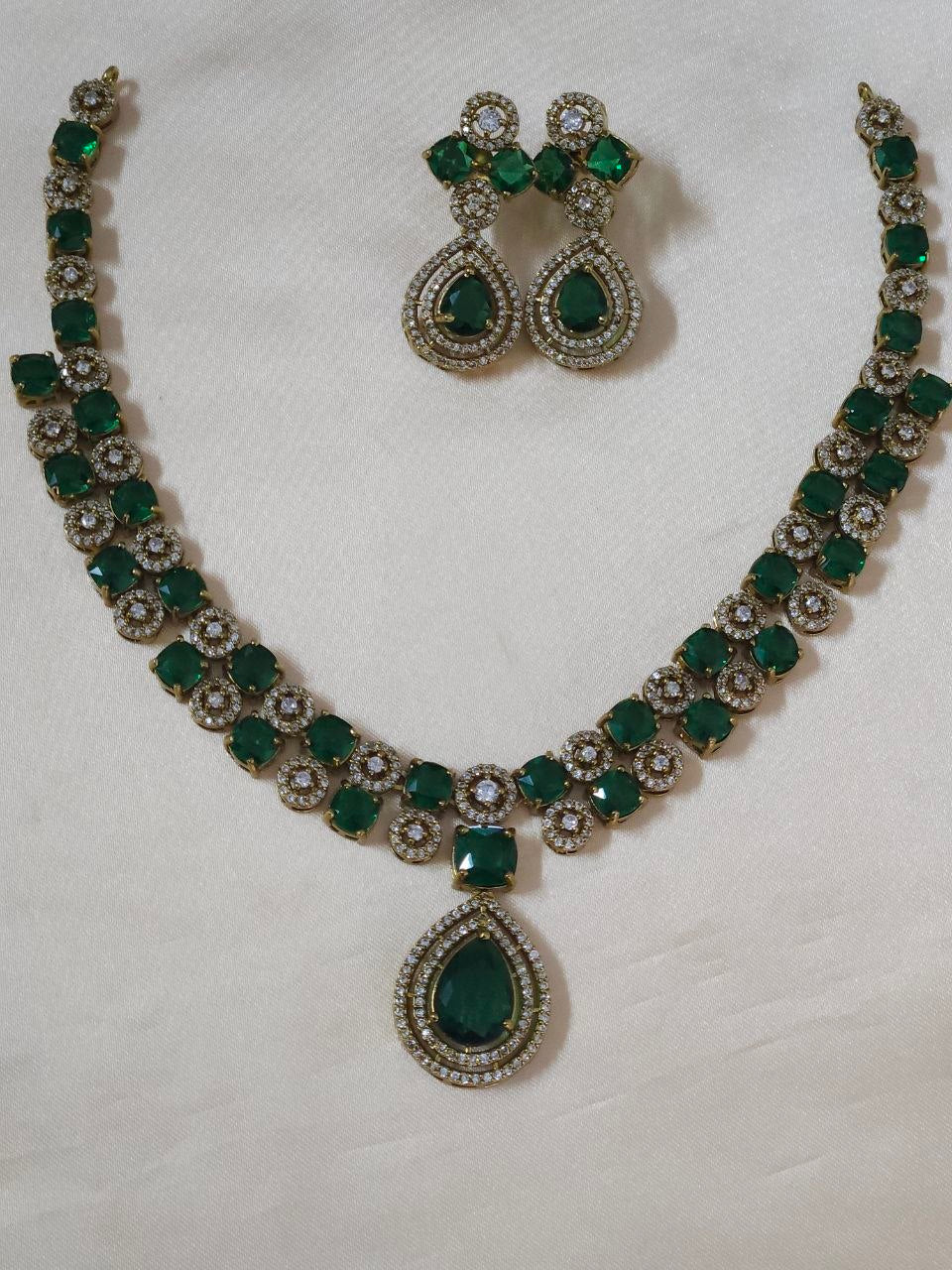 Double-Line Big Green Stone AD Temple Necklace
