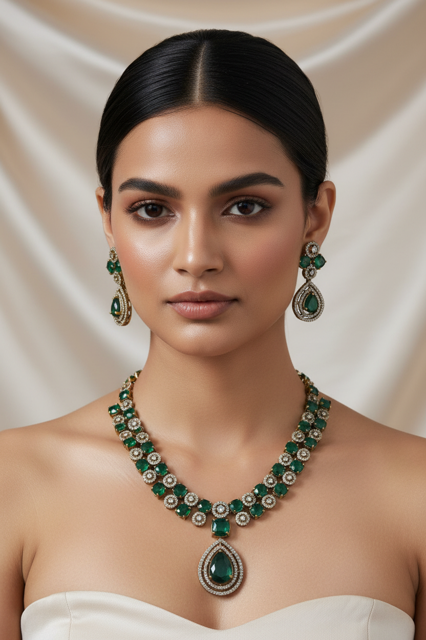 Double-Line Big Green Stone AD Temple Necklace