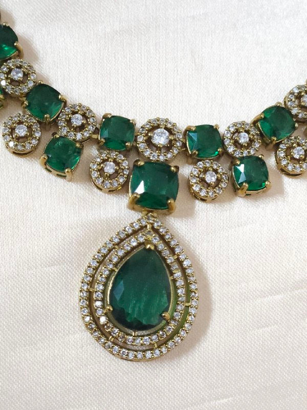 Double-Line Big Green Stone AD Temple Necklace