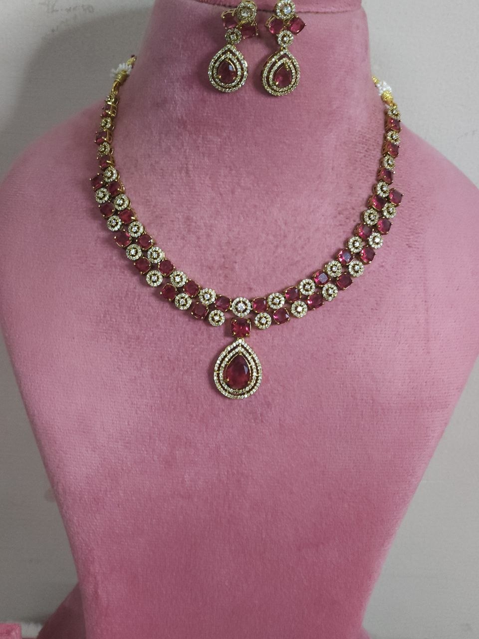 Double-Line Big Red Stone AD Temple Necklace