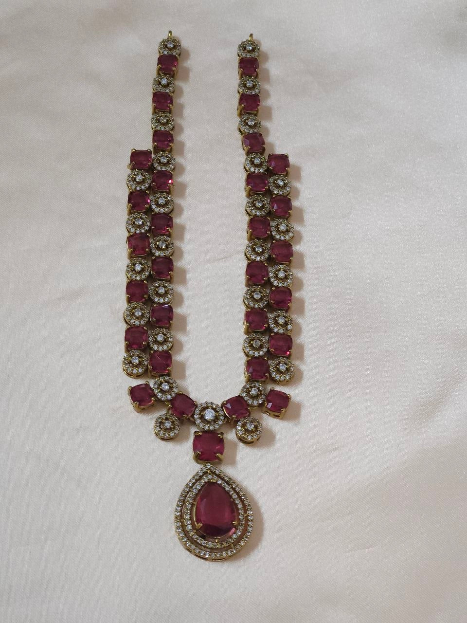 Double-Line Big Red Stone AD Temple Necklace