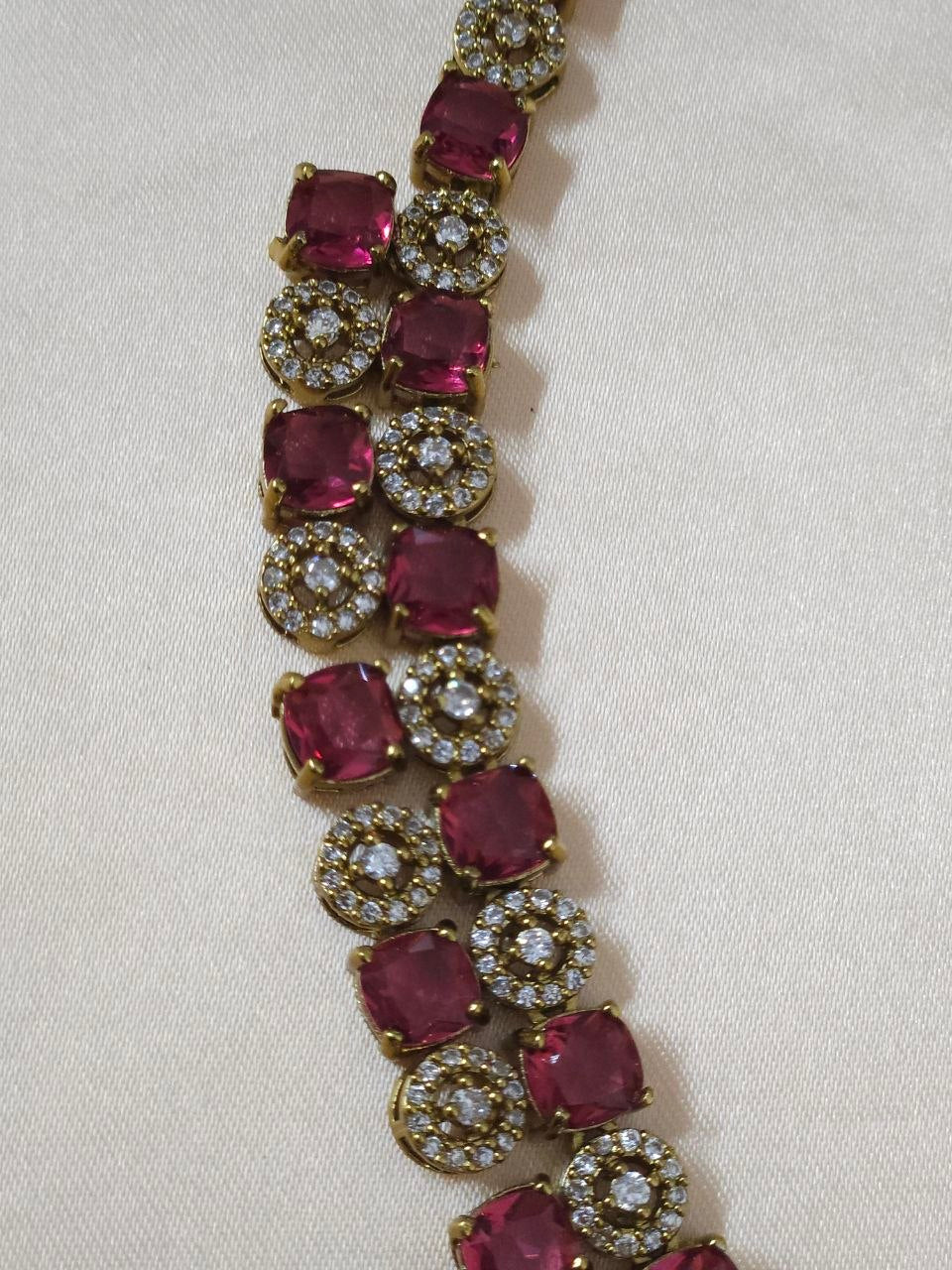 Double-Line Big Red Stone AD Temple Necklace