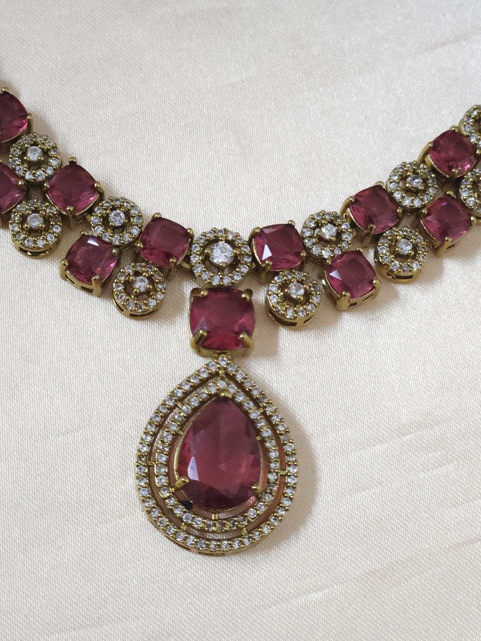 Double-Line Big Red Stone AD Temple Necklace