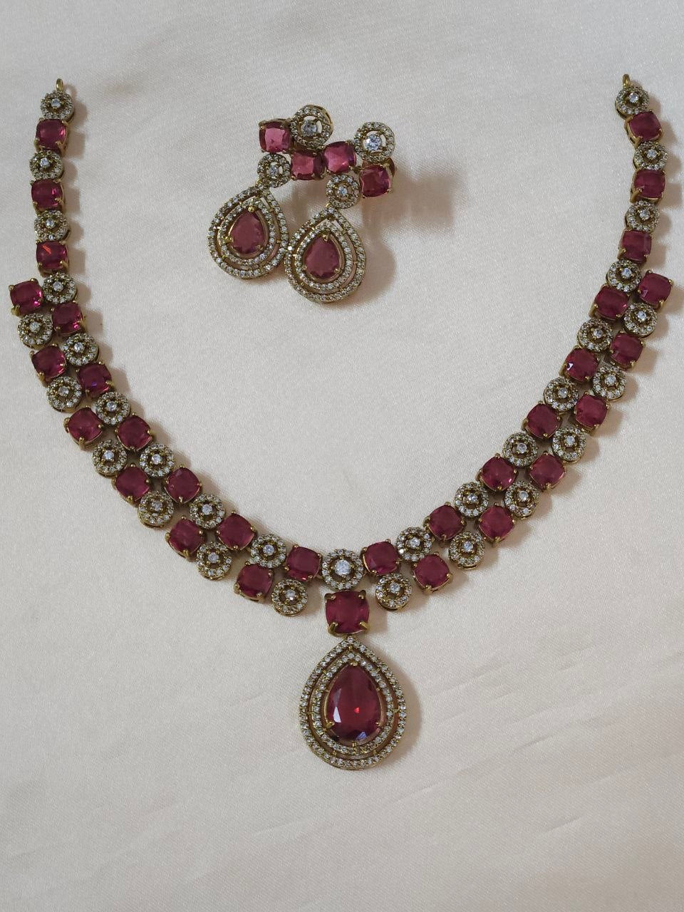 Double-Line Big Red Stone AD Temple Necklace