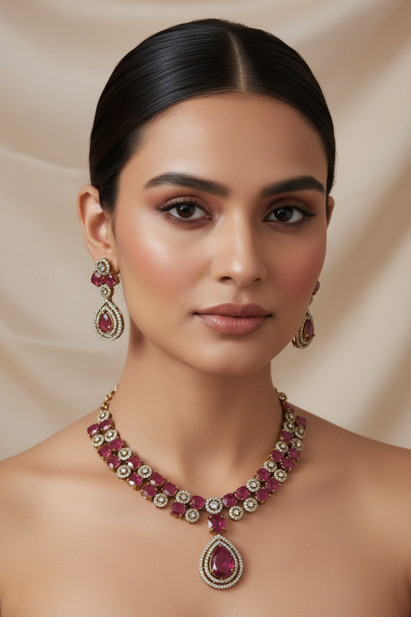 Double-Line Big Red Stone AD Temple Necklace
