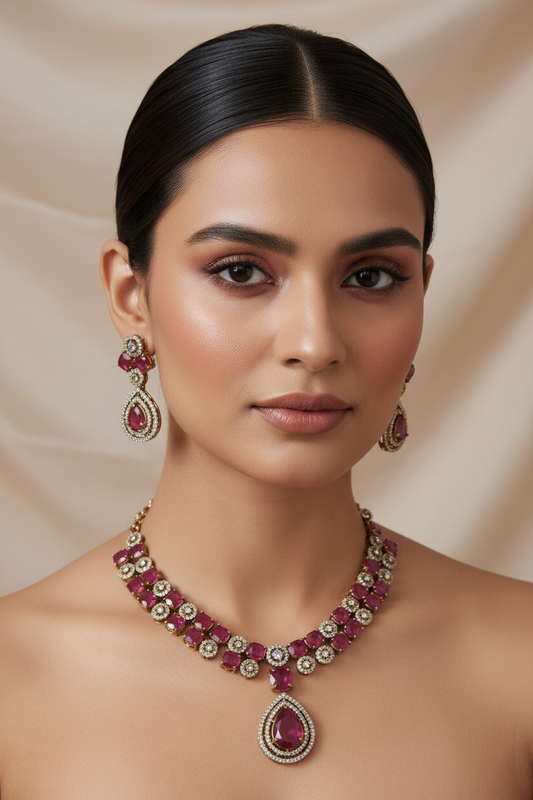 Double-Line Big Red Stone AD Temple Necklace