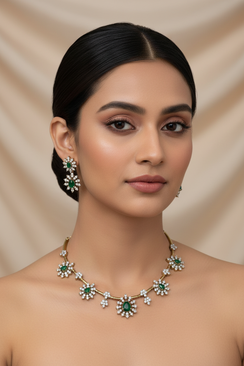 Designer Flower Green AD Hasli Necklace
