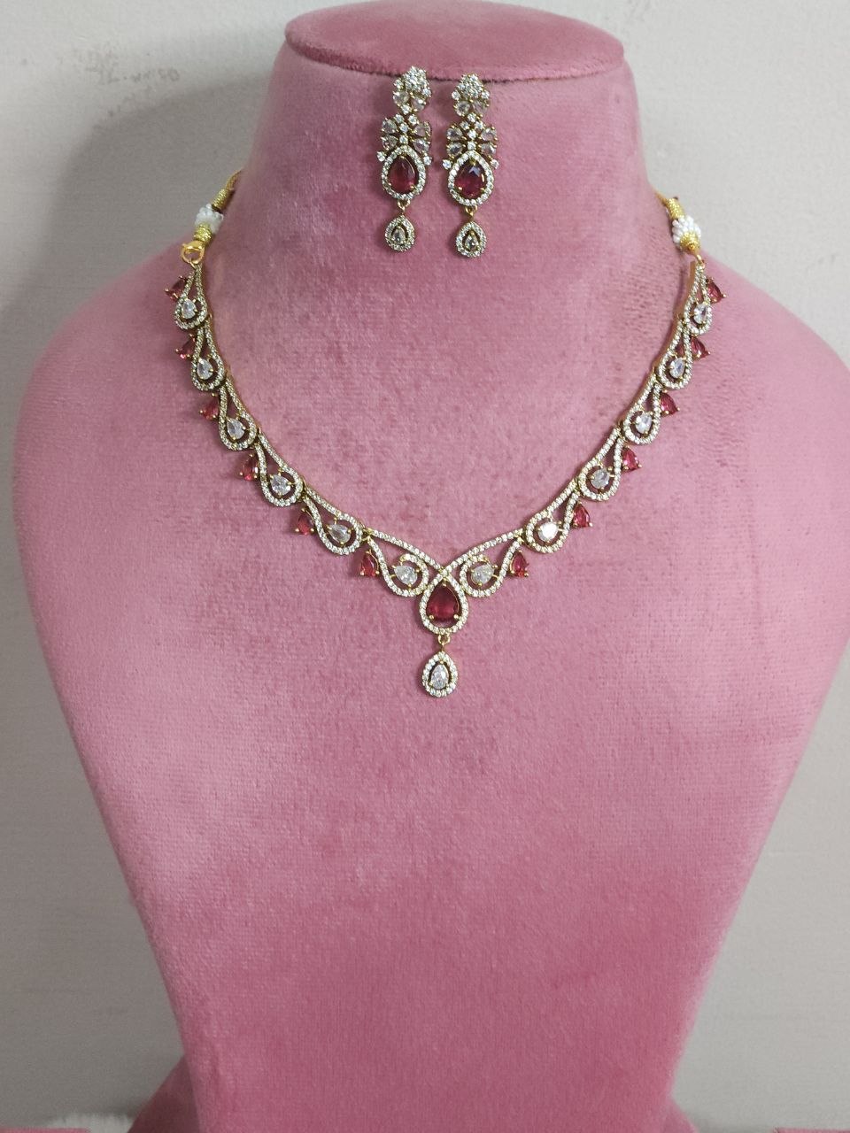 Designer Heart-Shape Red AD Temple Necklace