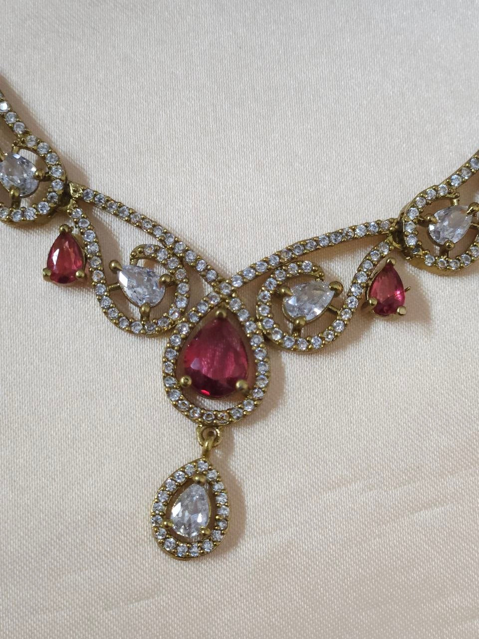 Designer Heart-Shape Red AD Temple Necklace