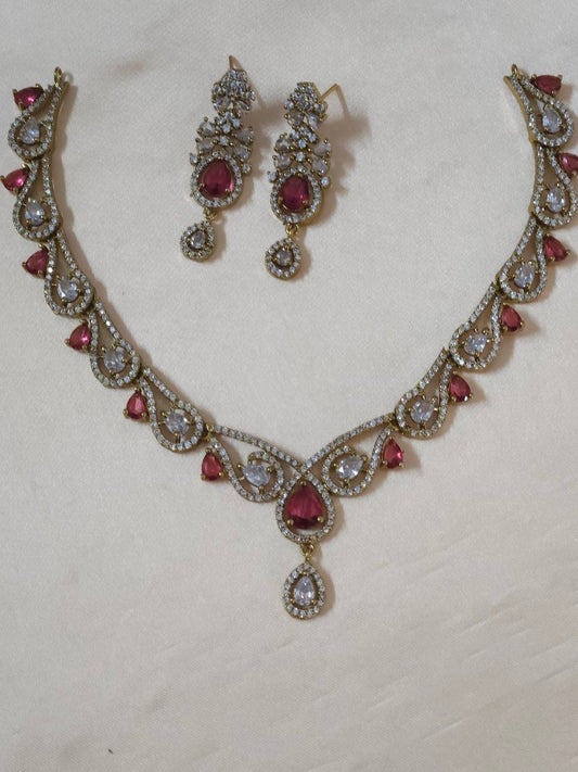 Designer Heart-Shape Red AD Temple Necklace